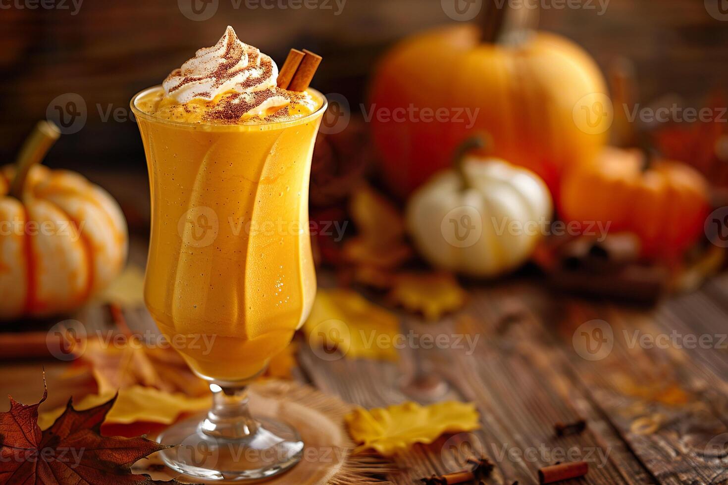 AI generated A glass of pumpkin spice smoothie topped with whipped cream and a dusting of cinnamon. Generative AI. photo