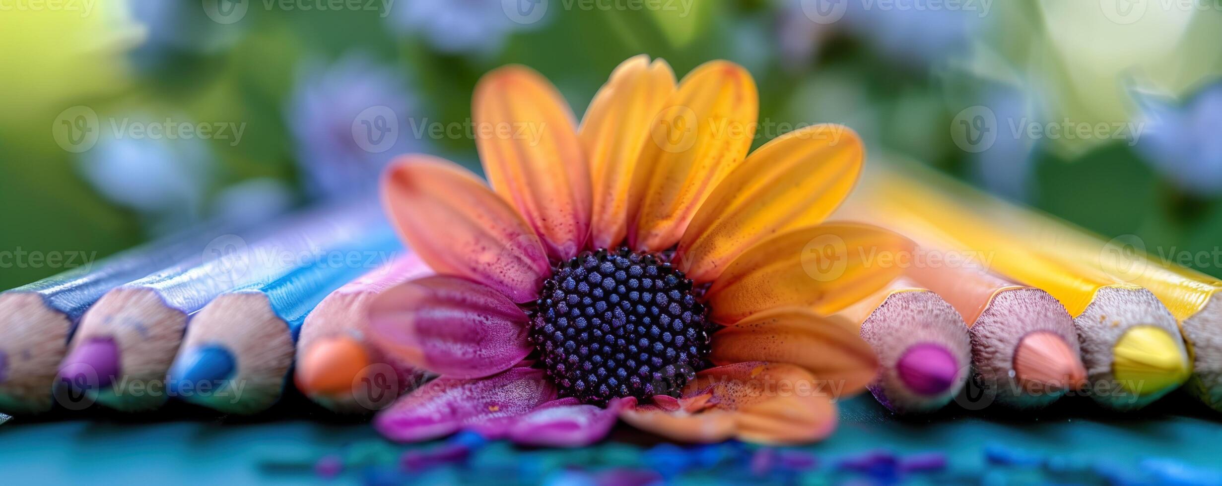 AI generated A vibrant flower nestled among an array of colored pencils. Generative AI. photo