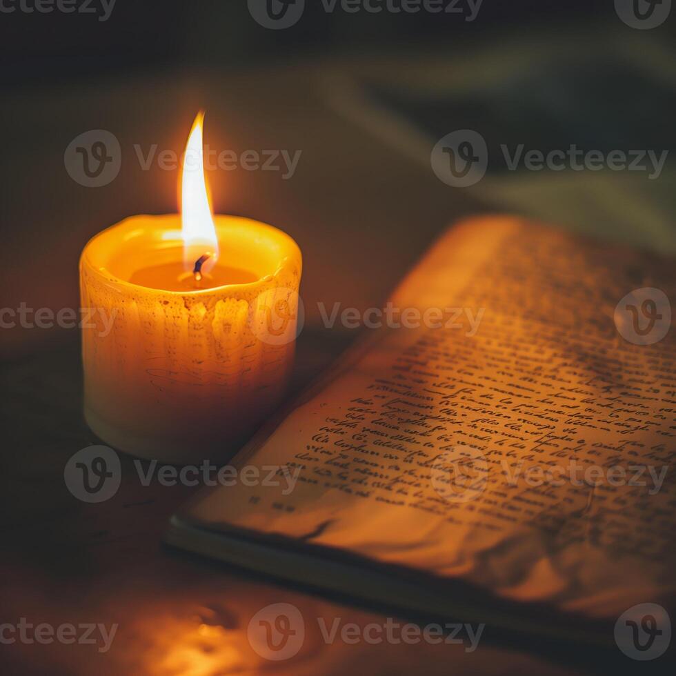 AI generated Candlelight illuminating on open antique book. Generative AI. photo