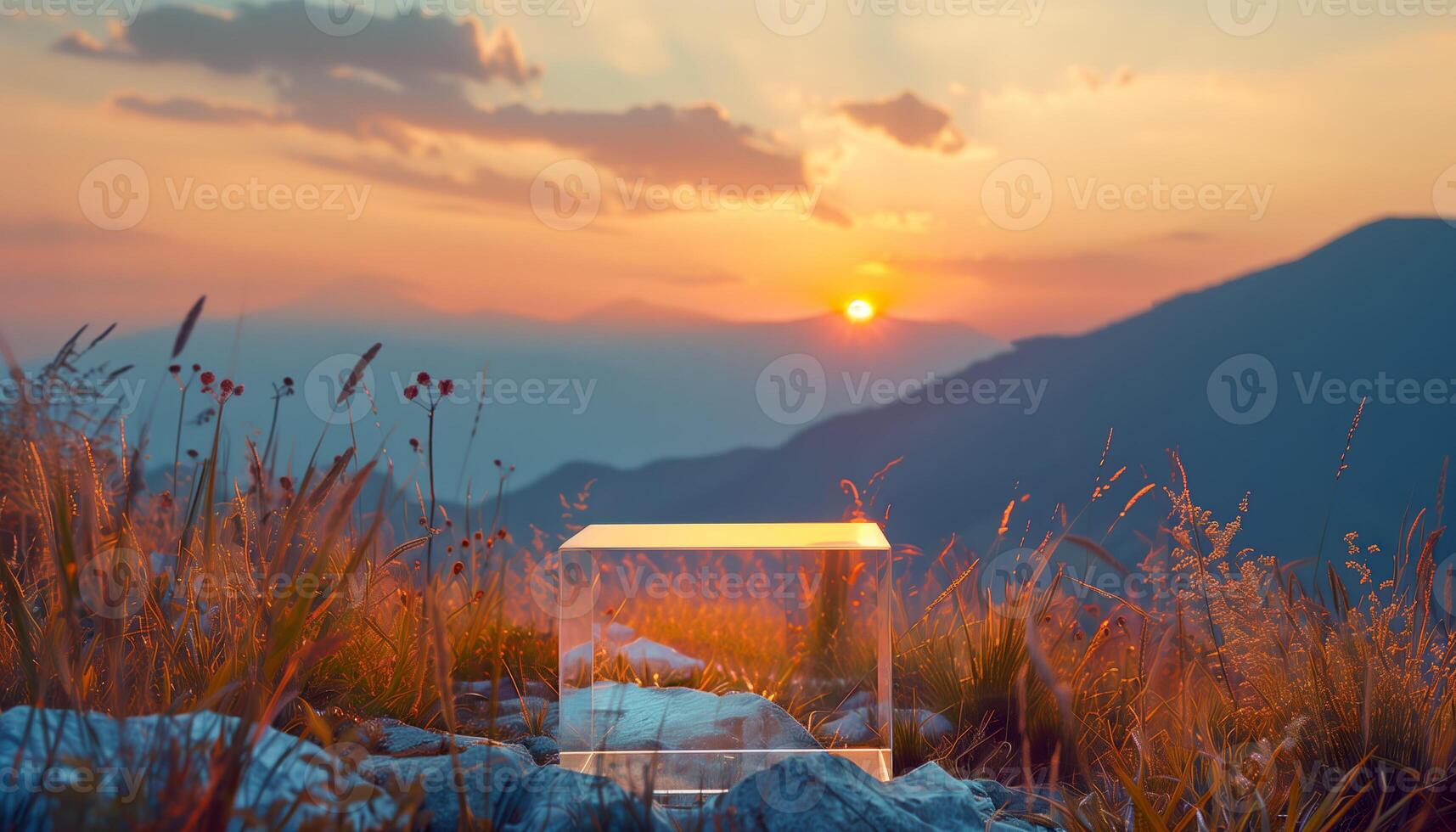 AI generated A clear glass podium with background of warm sunset light bathes a wild mountain meadow. Generative AI. photo