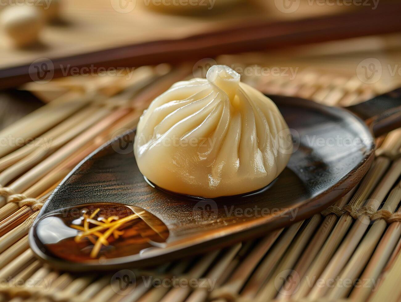 AI generated A single delicious xiao long bao delicately resting on a bamboo spoon. Generative AI. photo