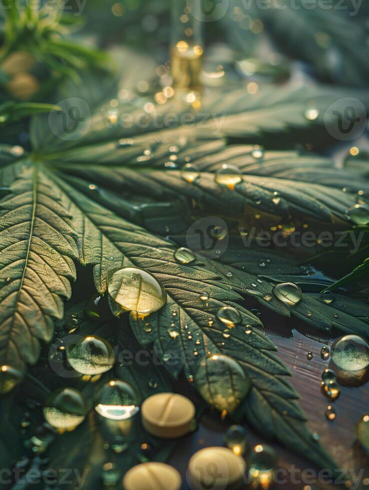 AI generated Close-up view of fresh cannabis leaves with water droplets and CBD oil capsules. Generative AI. photo