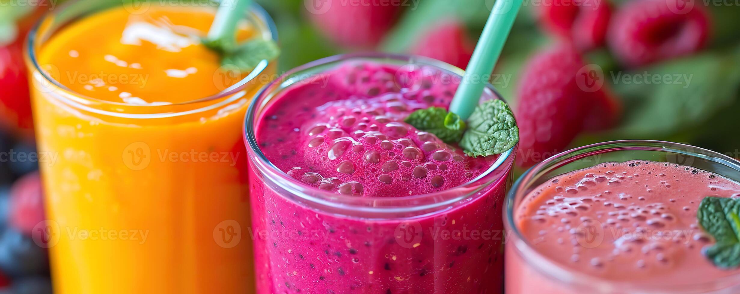 AI generated An array of colorful fruit smoothies in a row. Generative AI. photo