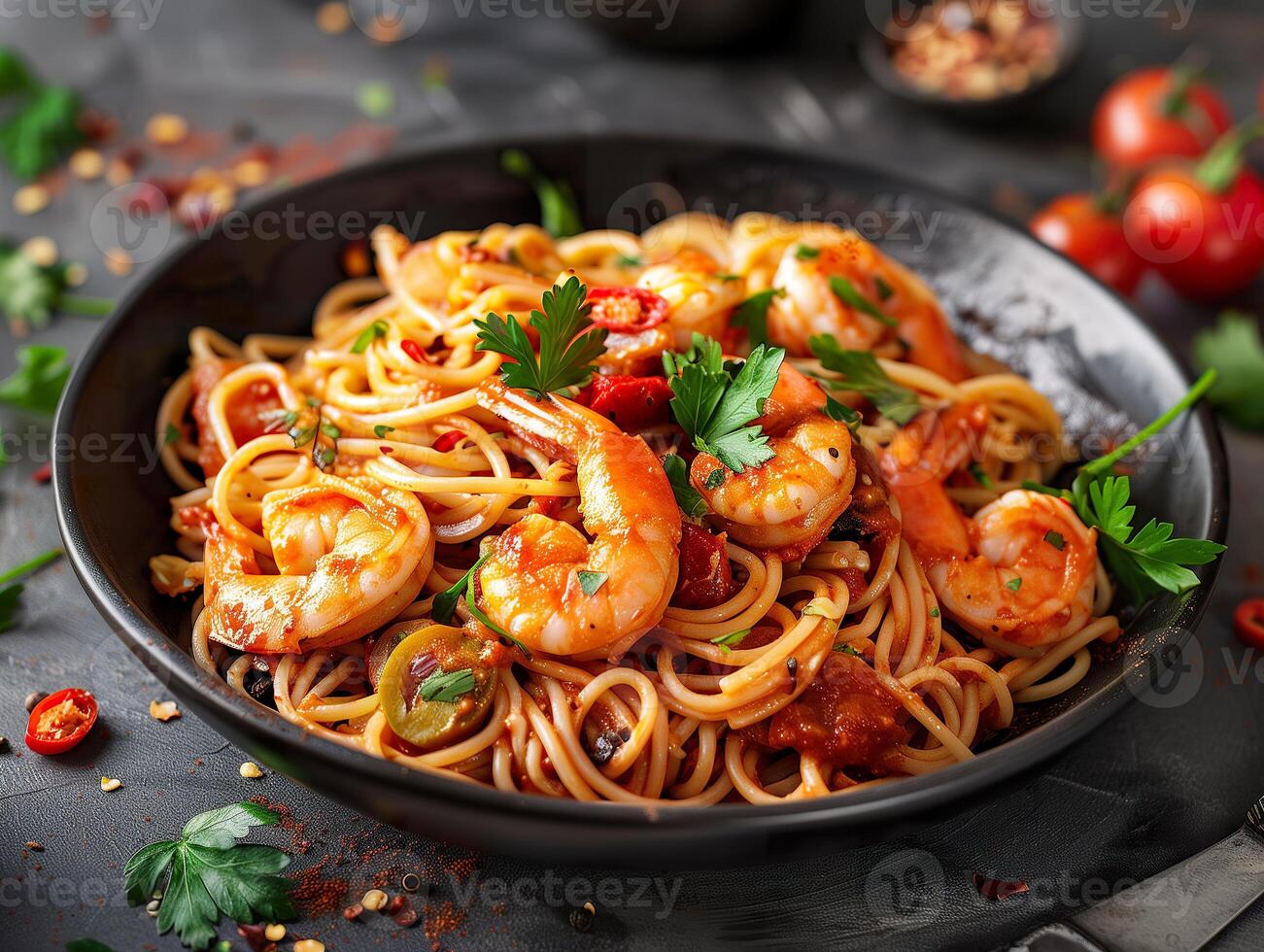 AI generated An appetizing plate of spicy shrimp spaghetti, beautifully garnished with fresh parsley. Generative AI. photo