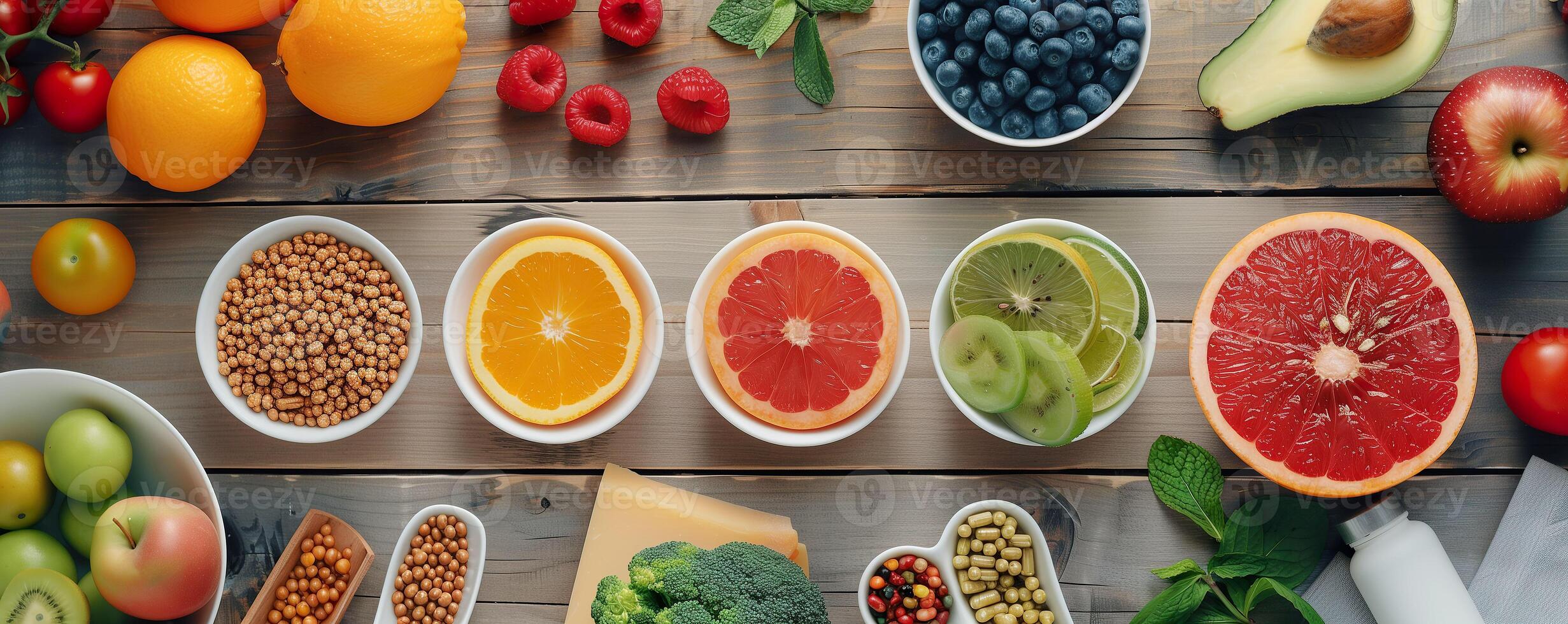 AI generated Top-view of healthy food choices including fresh fruits, vegetables, and nuts. Generative AI. photo