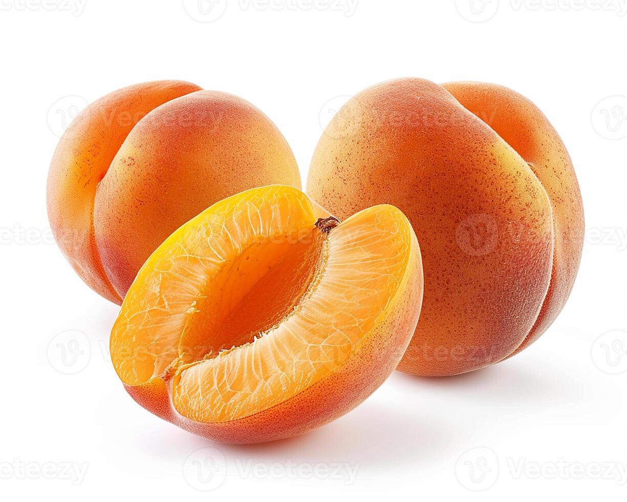 AI generated Whole apricot fruit with slice isolated on white background. Close-up Shot. photo