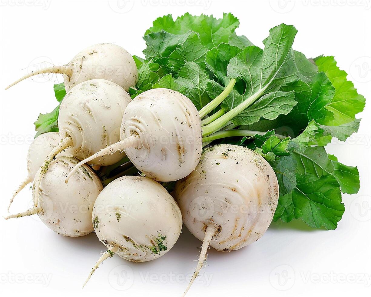 AI generated A pile of turnip isolated on white background. Close-up Shot. photo