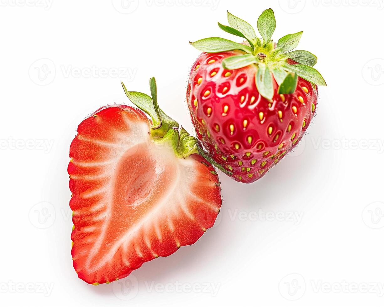 AI generated Whole strawberries fruit with slice and leaves isolated on white background. Close-up Shot. photo