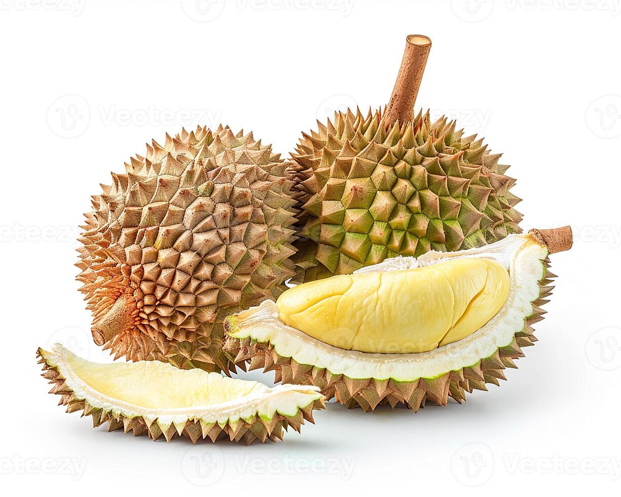 AI generated Whole durian fruit with slice isolated on white background. Close-up Shot. photo