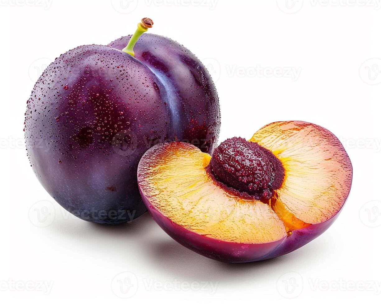 AI generated Whole plum fruit with slice isolated on white background. Close-up Shot. photo
