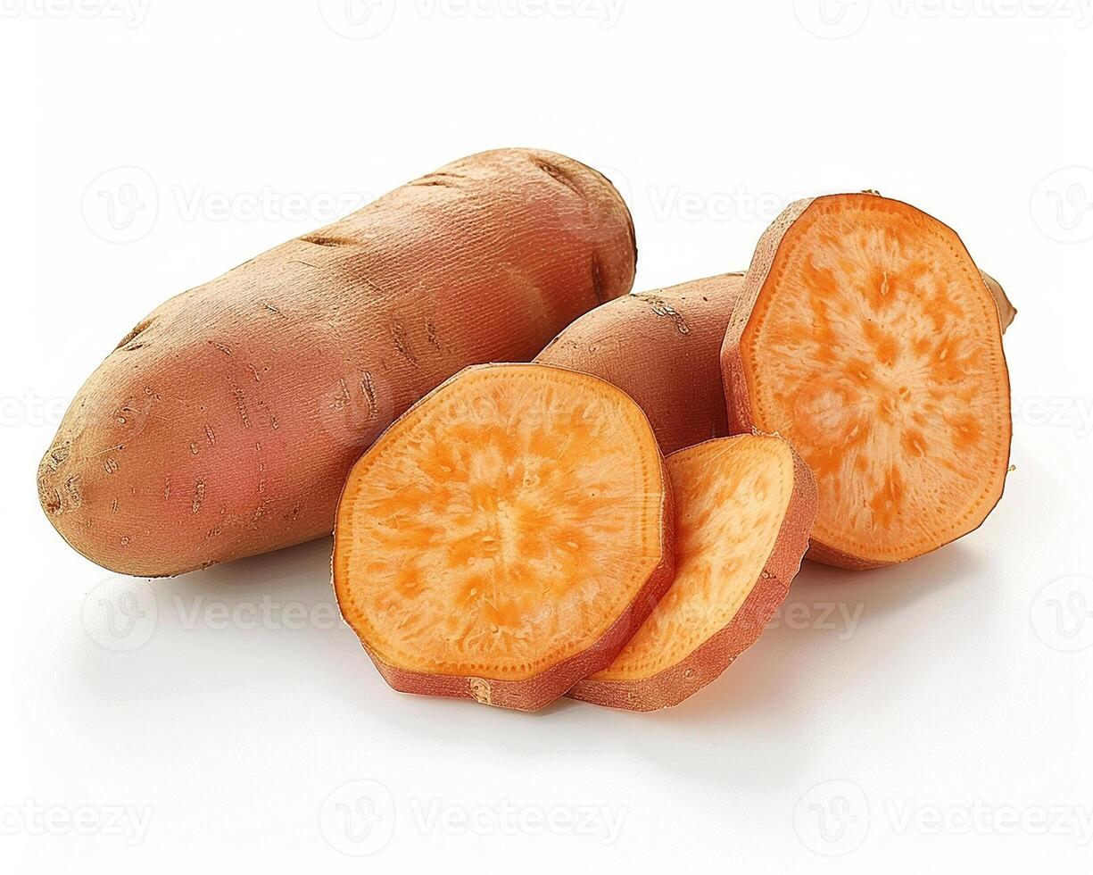 AI generated Whole sweet potato with slice isolated on white background. Close-up Shot. photo