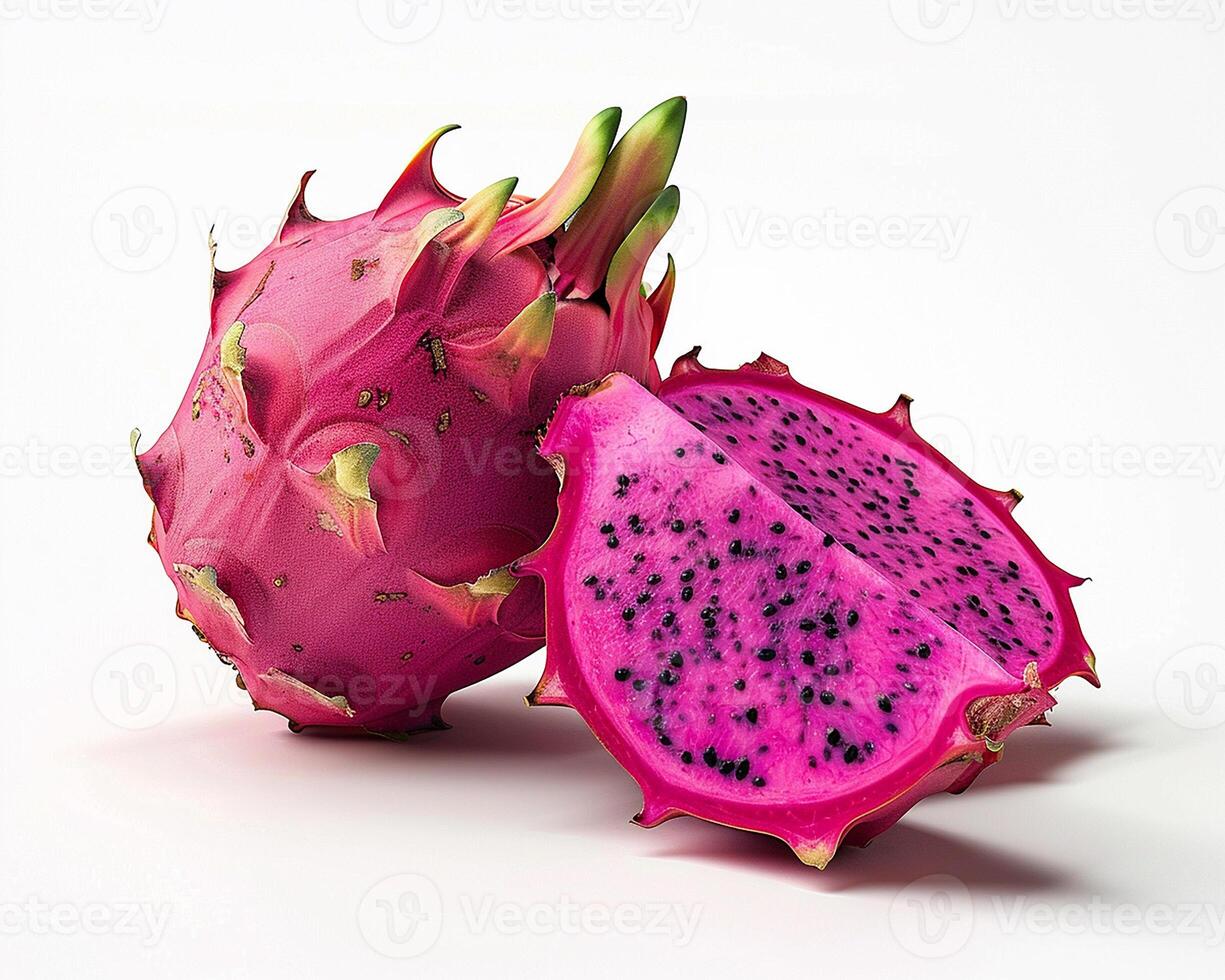 AI generated Whole pitaya fruit with slice isolated on white background. Close-up Shot. photo