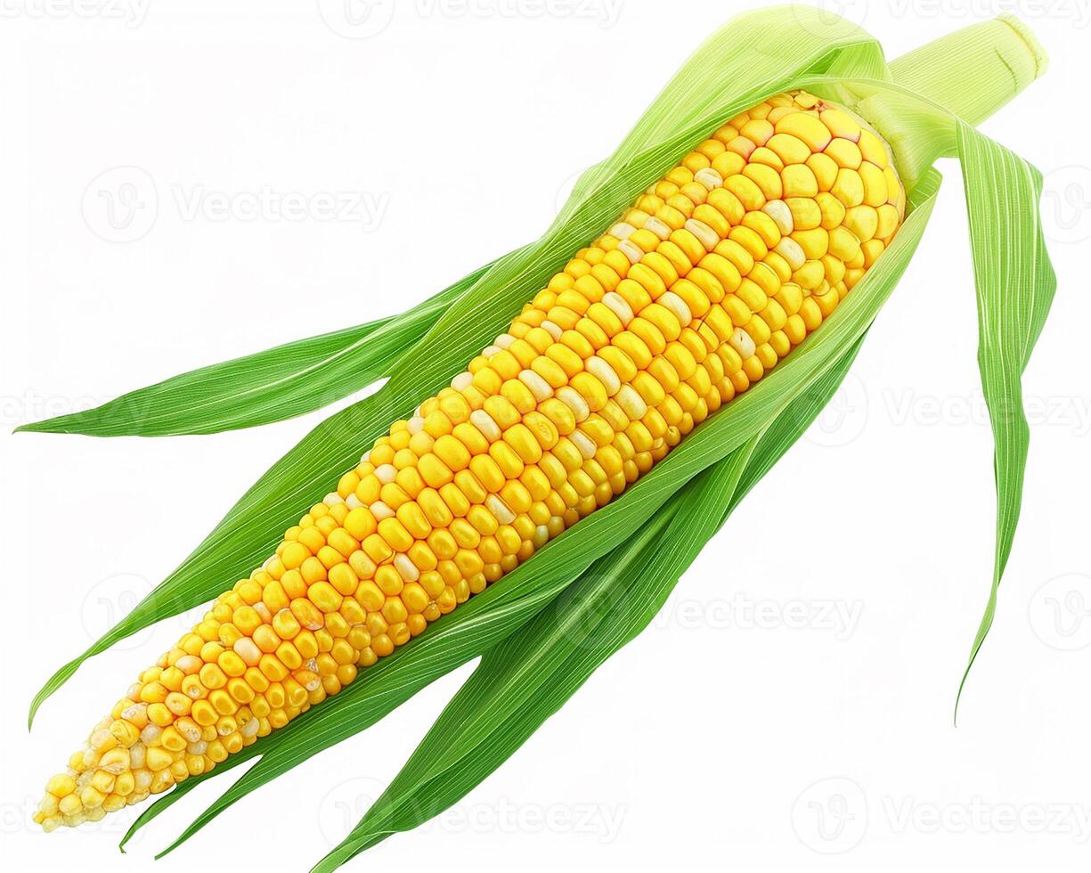 AI generated Fresh corn isolated on white background. Close-up Shot. photo