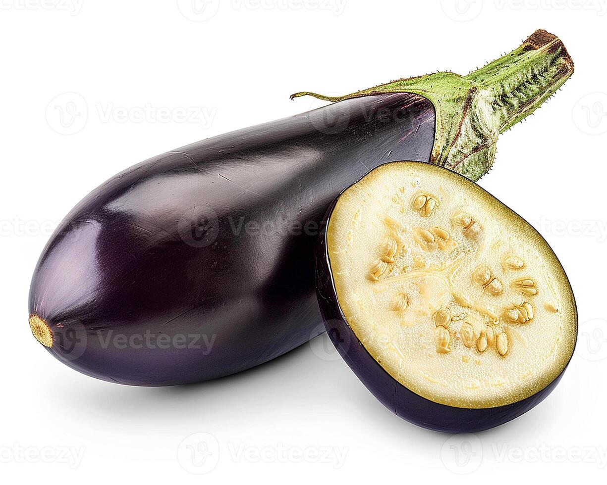 AI generated Whole eggplant with slice isolated on white background. Close-up Shot. photo