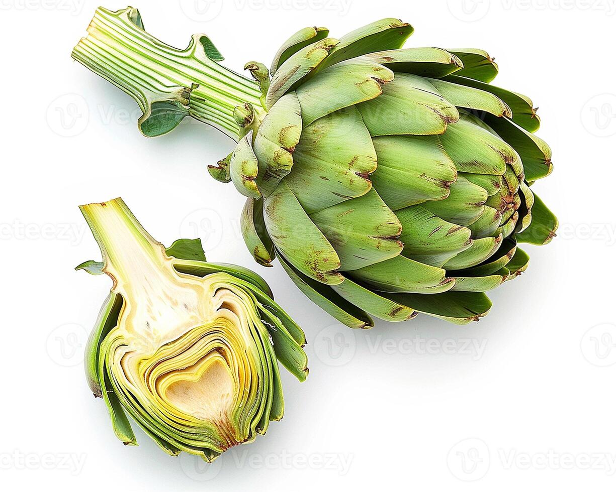 AI generated Whole artichoke with slice isolated on white background. Close-up Shot. photo