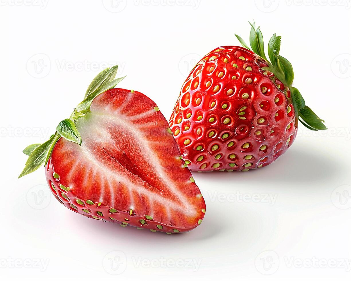 AI generated Whole strawberries fruit with slice and leaves isolated on white background. Close-up Shot. photo