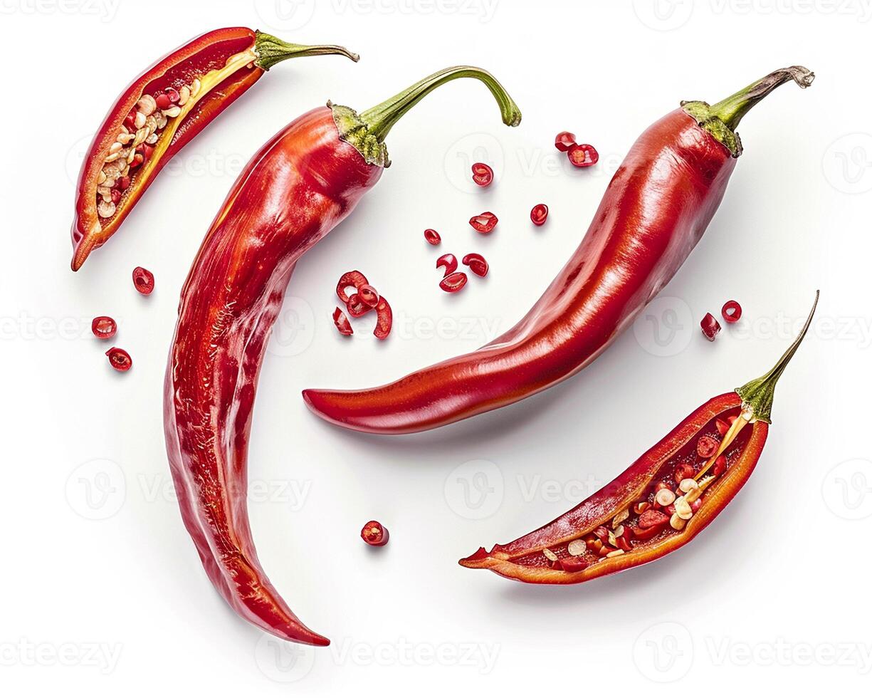 AI generated Whole chili pepper with slice isolated on white background. Close-up Shot. photo