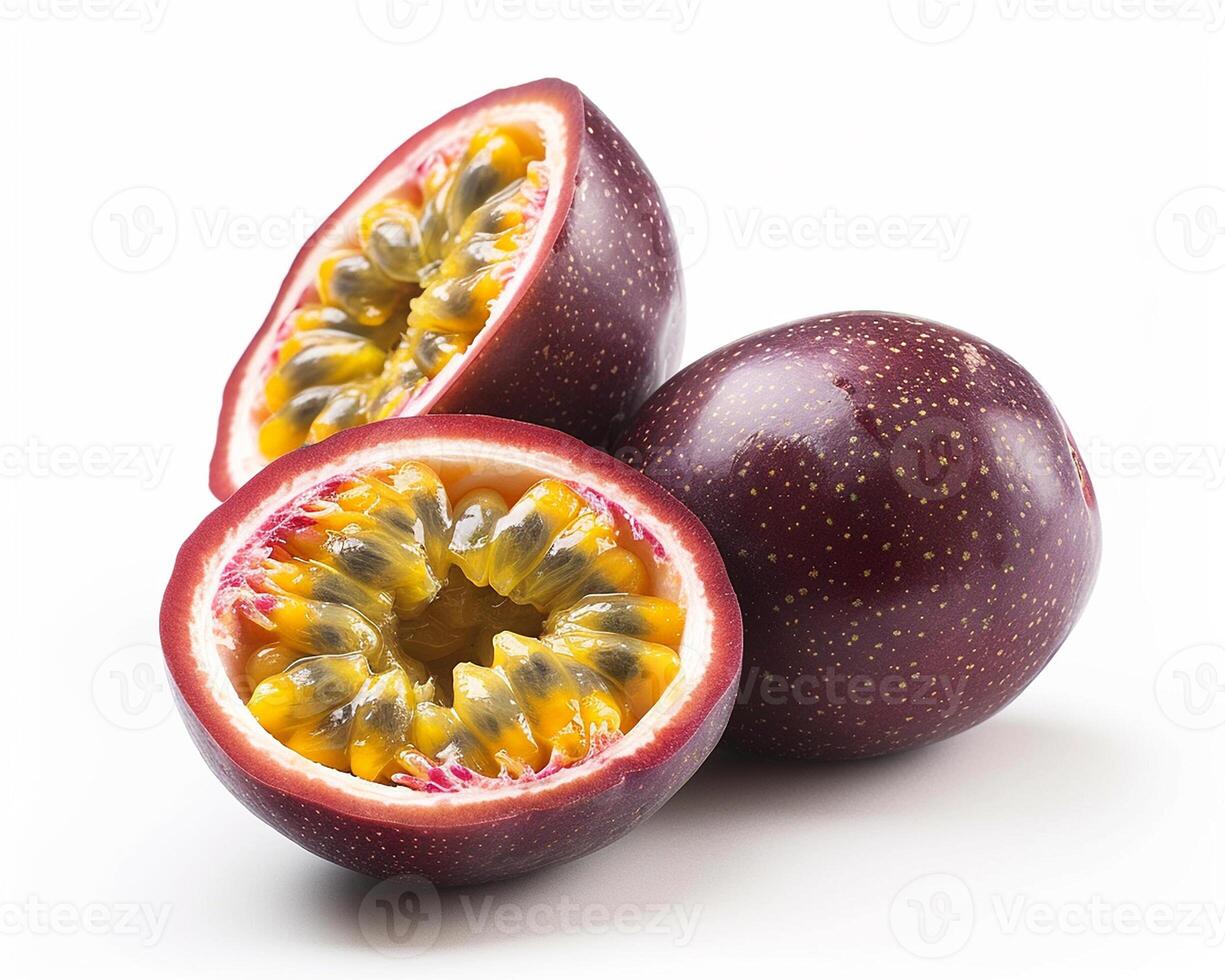 AI generated Whole passionfruit with slice isolated on white background. Close-up Shot. photo