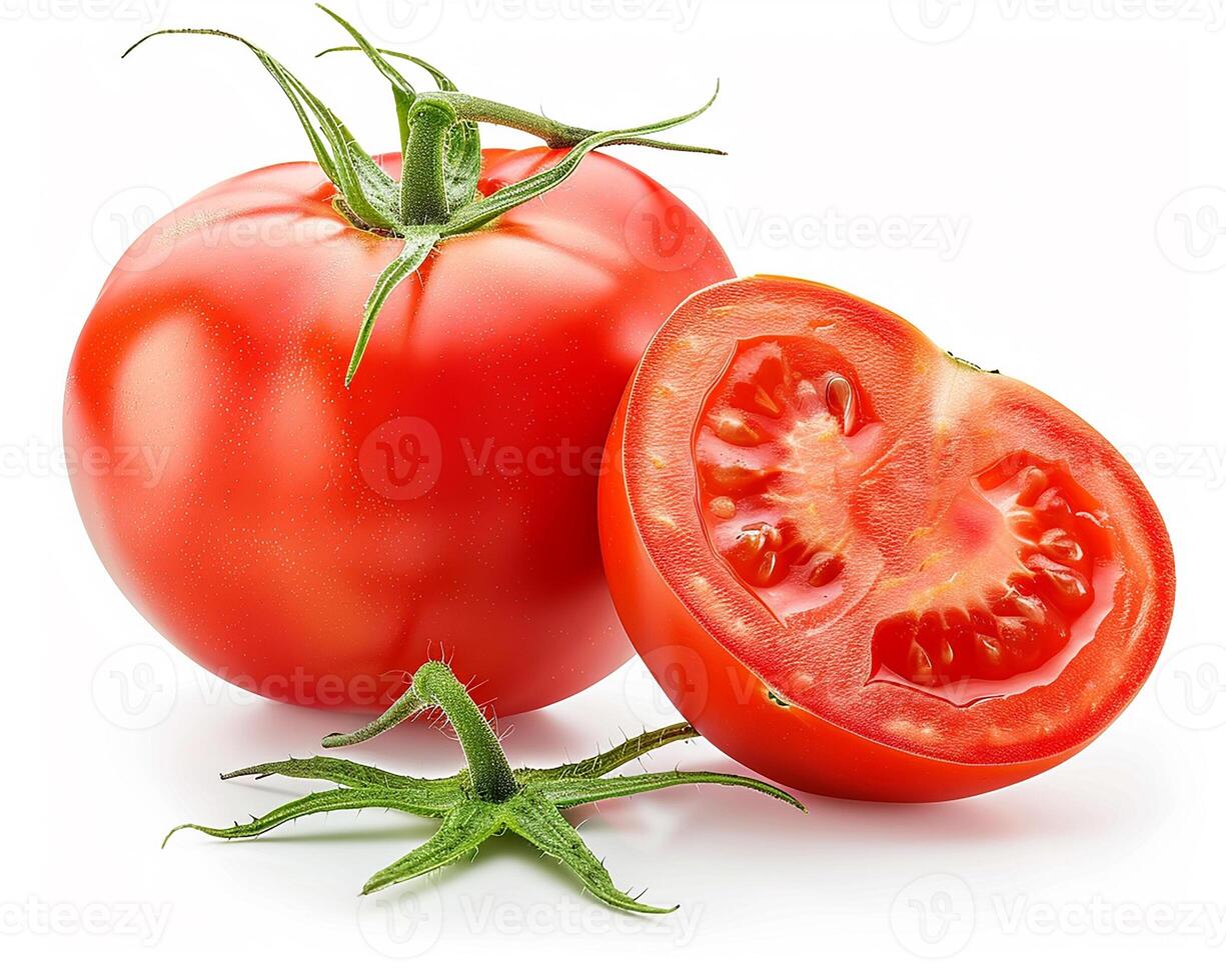 AI generated Whole tomato with slice isolated on white background. Close-up Shot. photo