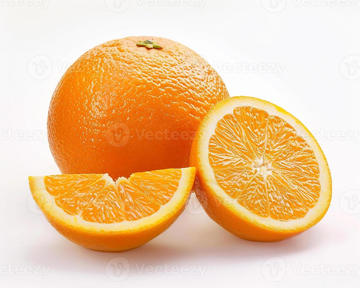 AI generated Whole orange fruit with slice isolated on white background. Close-up Shot. photo