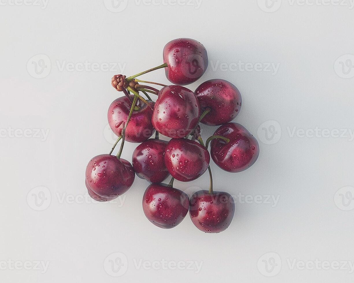 AI generated Bunch of fresh ripe cherries fruit isolated on white background. Close-up Shot. photo