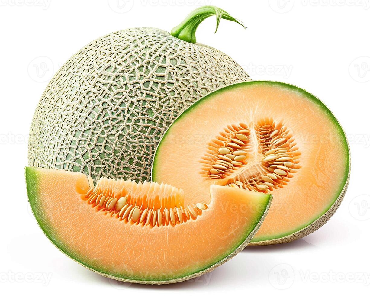 AI generated Whole cantaloupe fruit with slice isolated on white background. Close-up Shot. photo