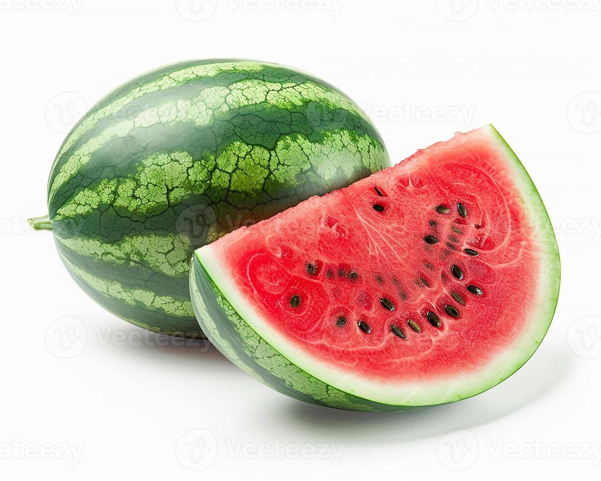 AI generated Whole watermelon fruit with slice isolated on white background. Close-up Shot photo