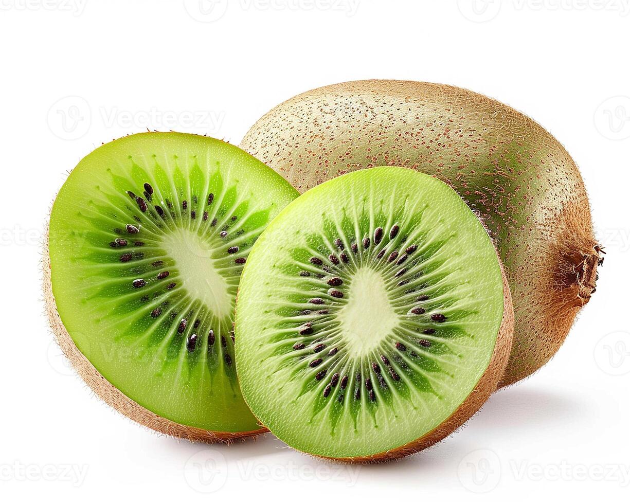 AI generated Whole kiwifruit with slice isolated on white background. Close-up Shot. photo