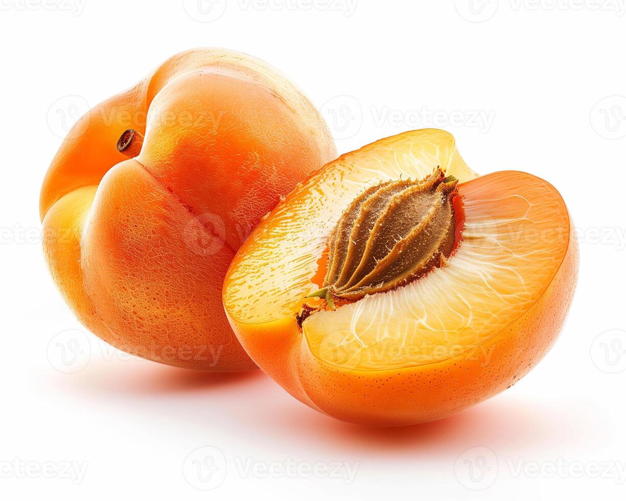 AI generated Whole apricot fruit with slice isolated on white background. Close-up Shot. photo