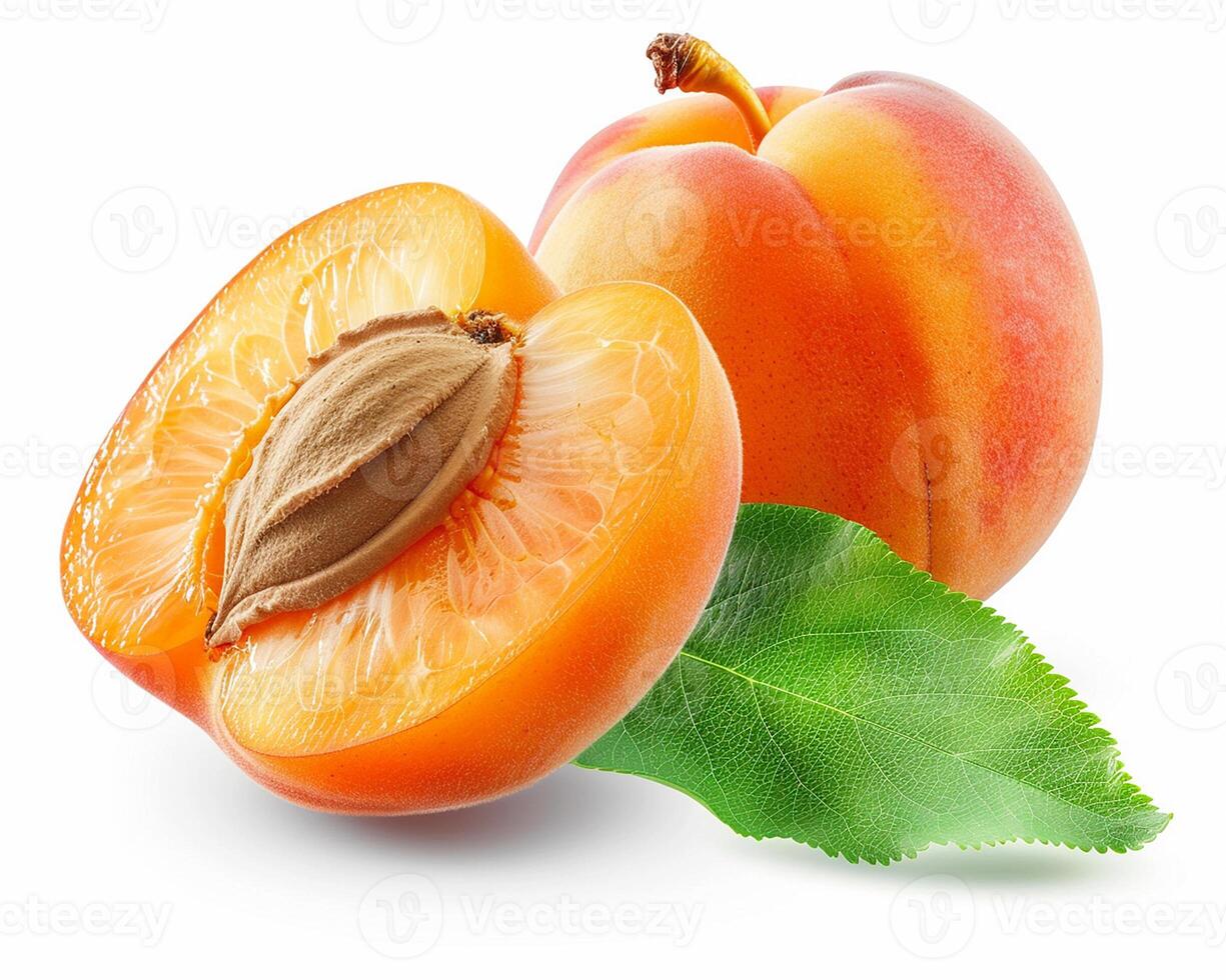 AI generated Whole apricot fruit with slice isolated on white background. Close-up Shot. photo