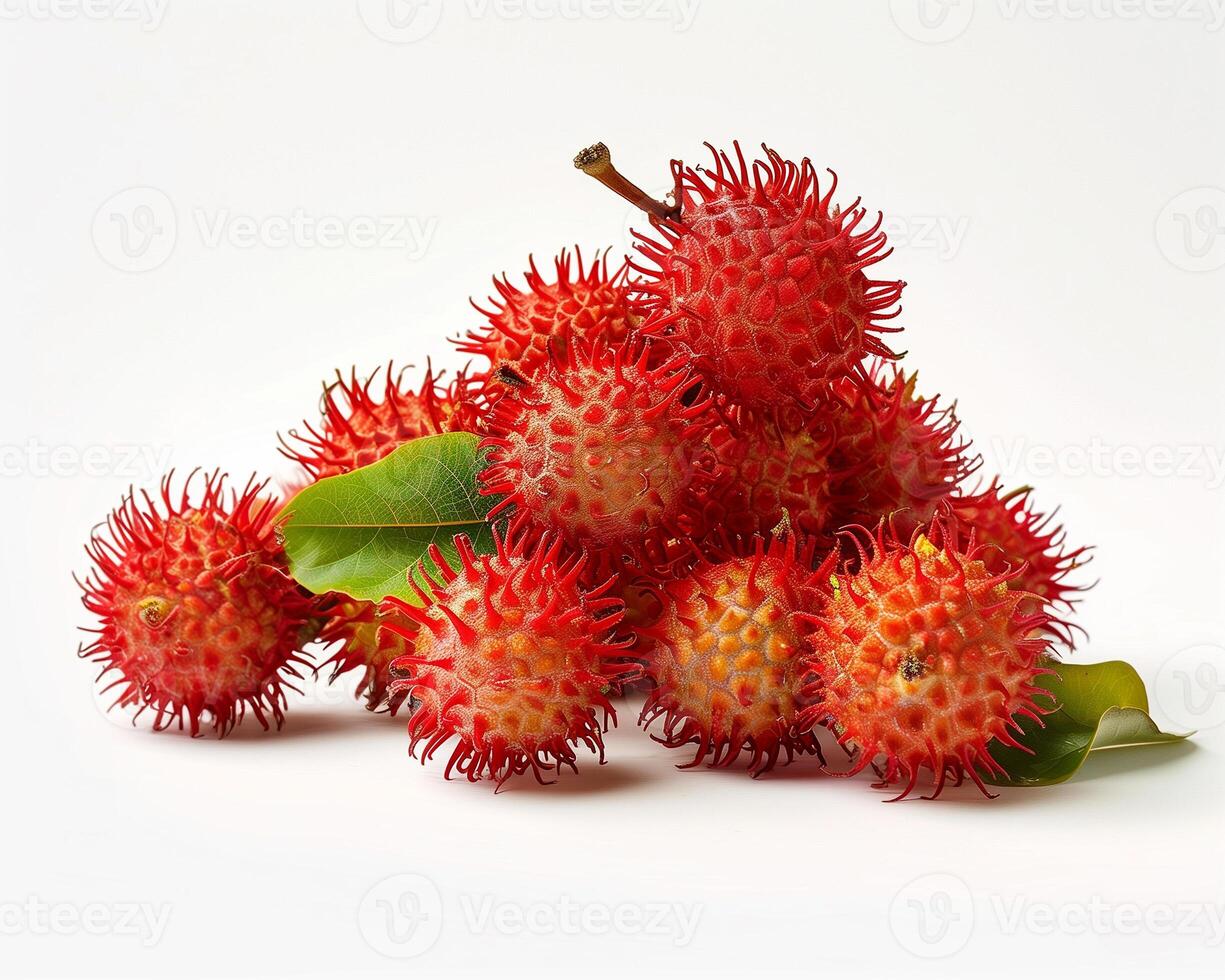AI generated Cluster of fresh rambutan isolated on white background. Close-up Shot. photo
