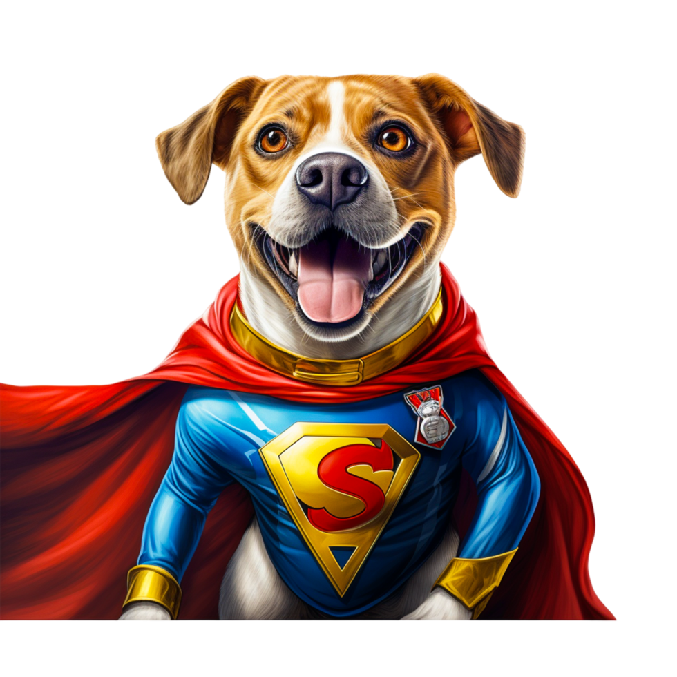 AI generated Dog in superman costume closeup superhero png