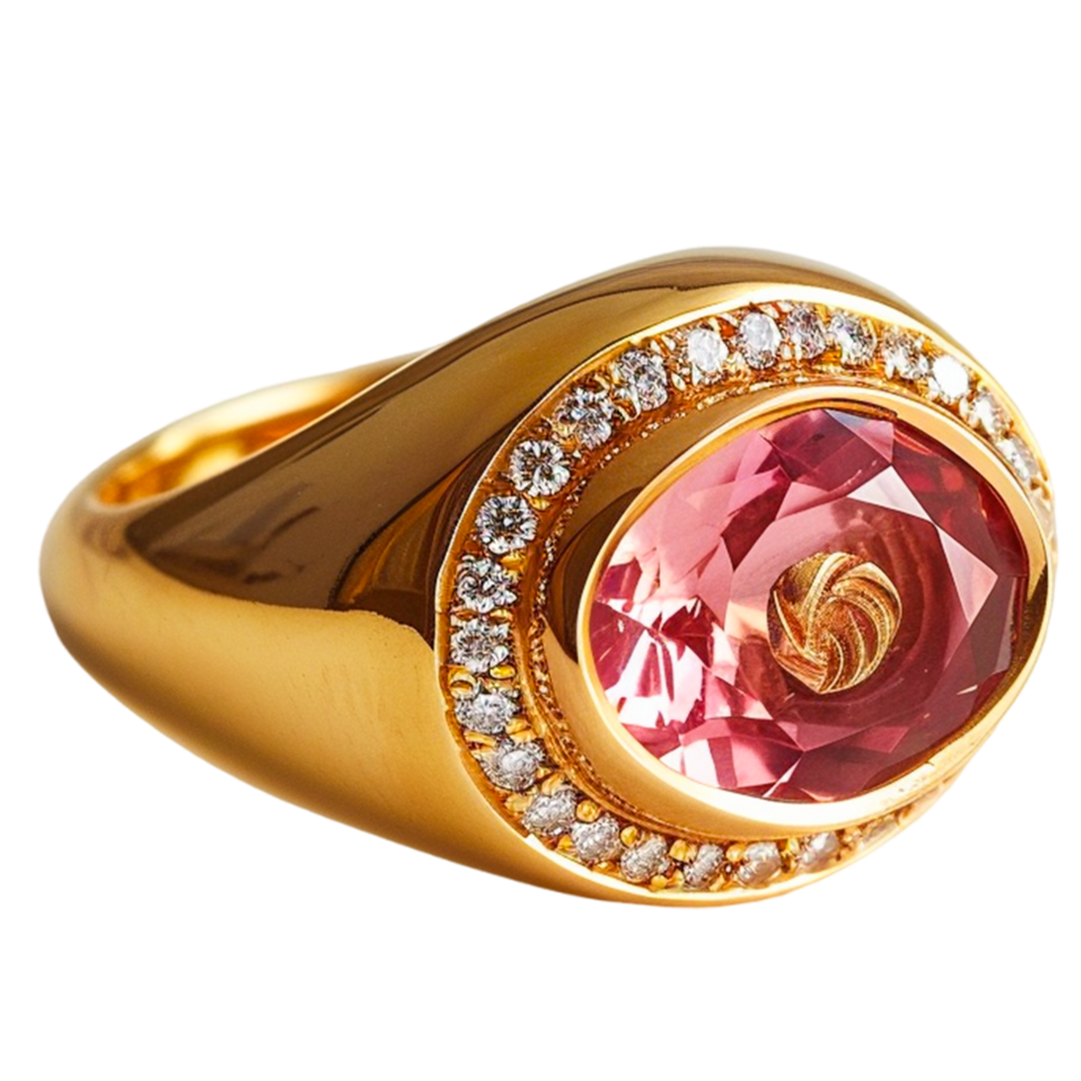 AI generated A gold ring with a pink stone and diamonds on it png