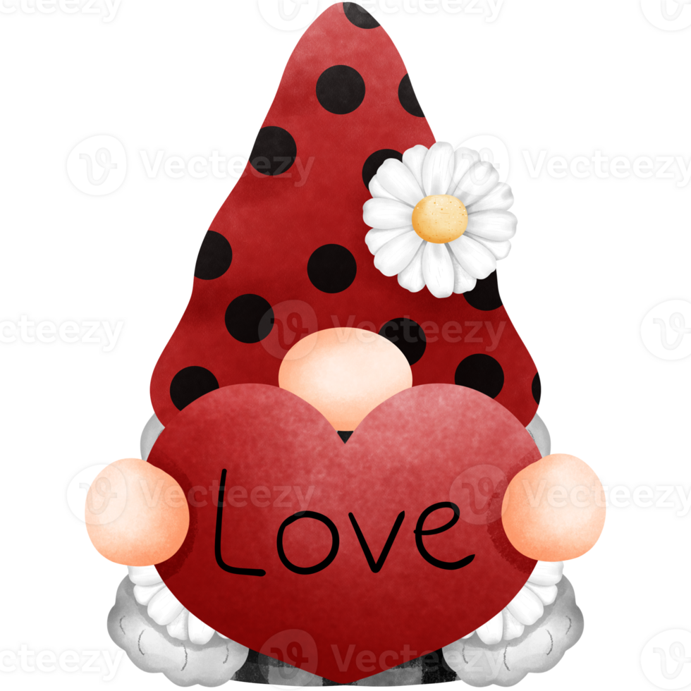 Ladybug gnome with red heart and daisy flower watercolor clipart, Love bug illustration. png