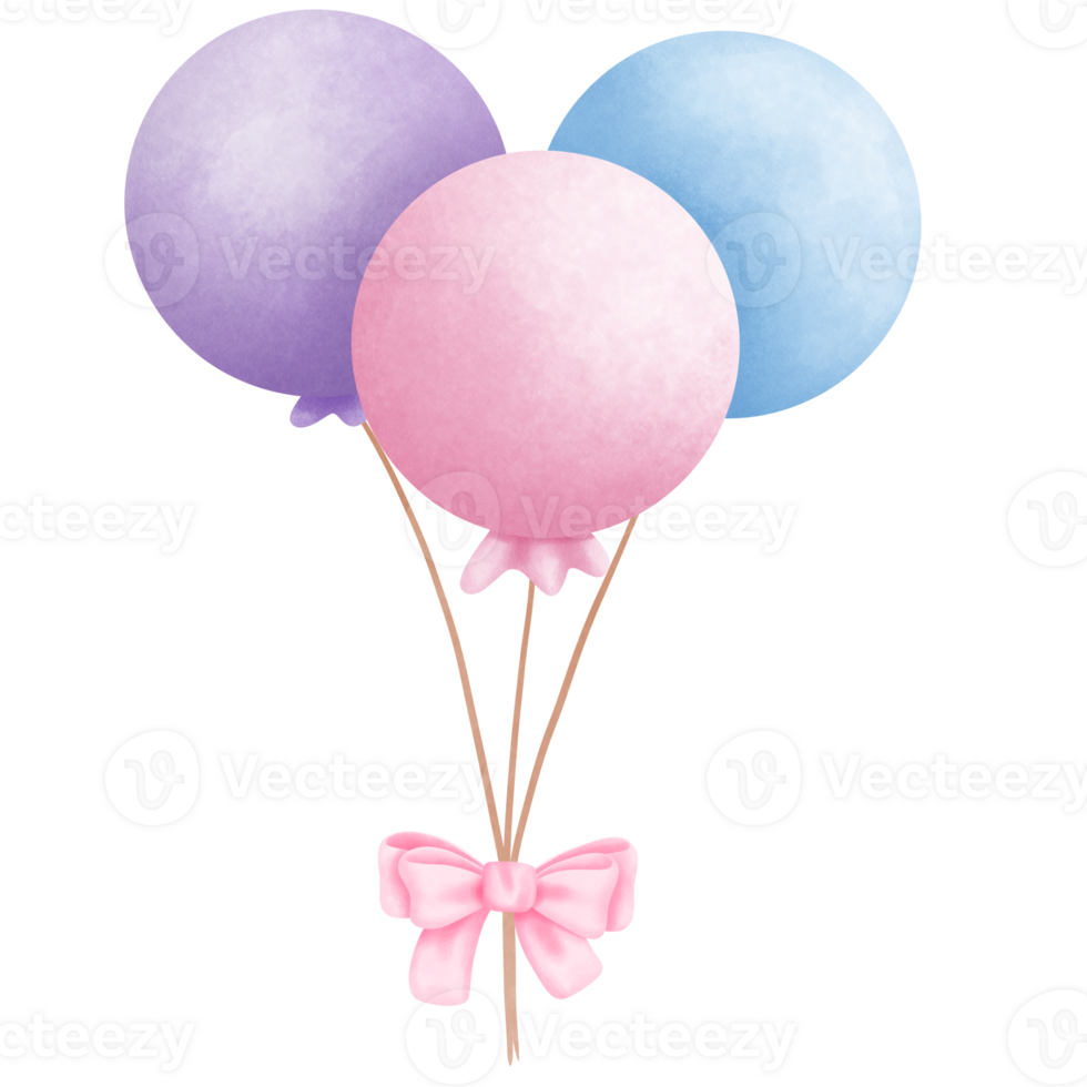 pastel rosa, púrpura y azul globos con coqueta cinta arco acuarela clipart. png