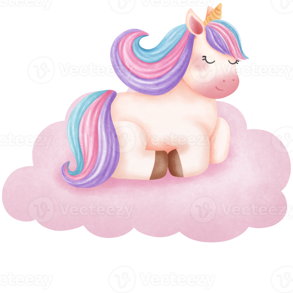 Cute magical rainbow unicorn sleeping on cloud watercolor clipart. png