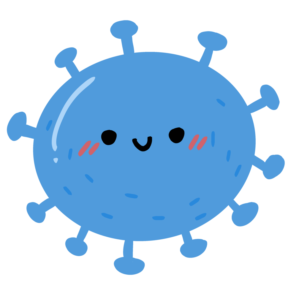 Isolated cute blue virus in transparent background.Cartoon character. png