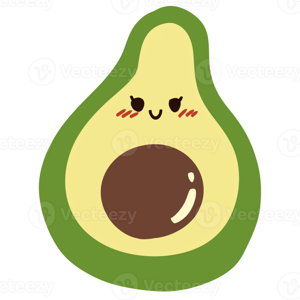 Isolated Kawaii cute avocado with a happy smile in transparent background.Hand drawn cute avocado. png