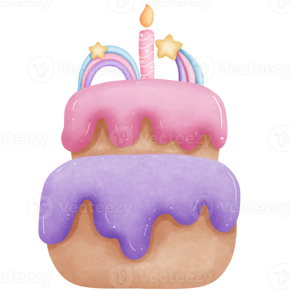 Watercolor birthday cake adorned with shooting sar, rainbow and candle clipart. png