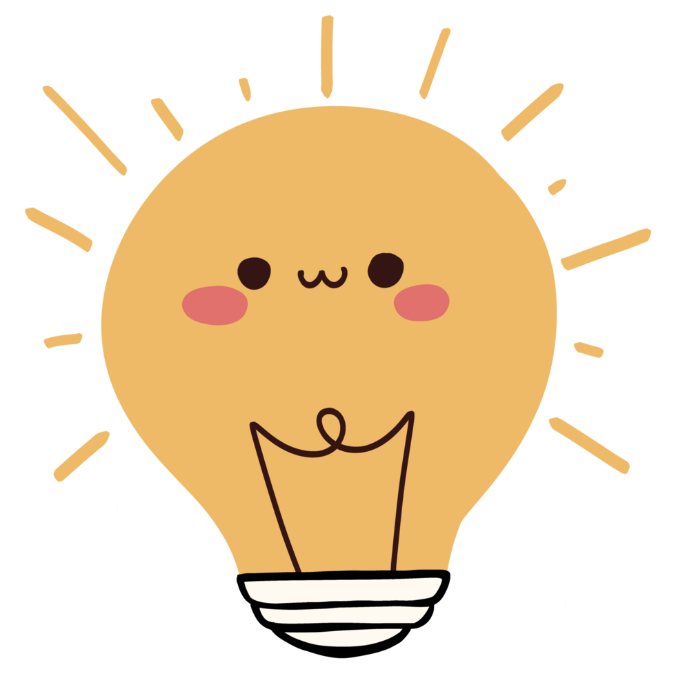 Isolated cute Light bulb with rays shine with a happy smile in transparent background. png