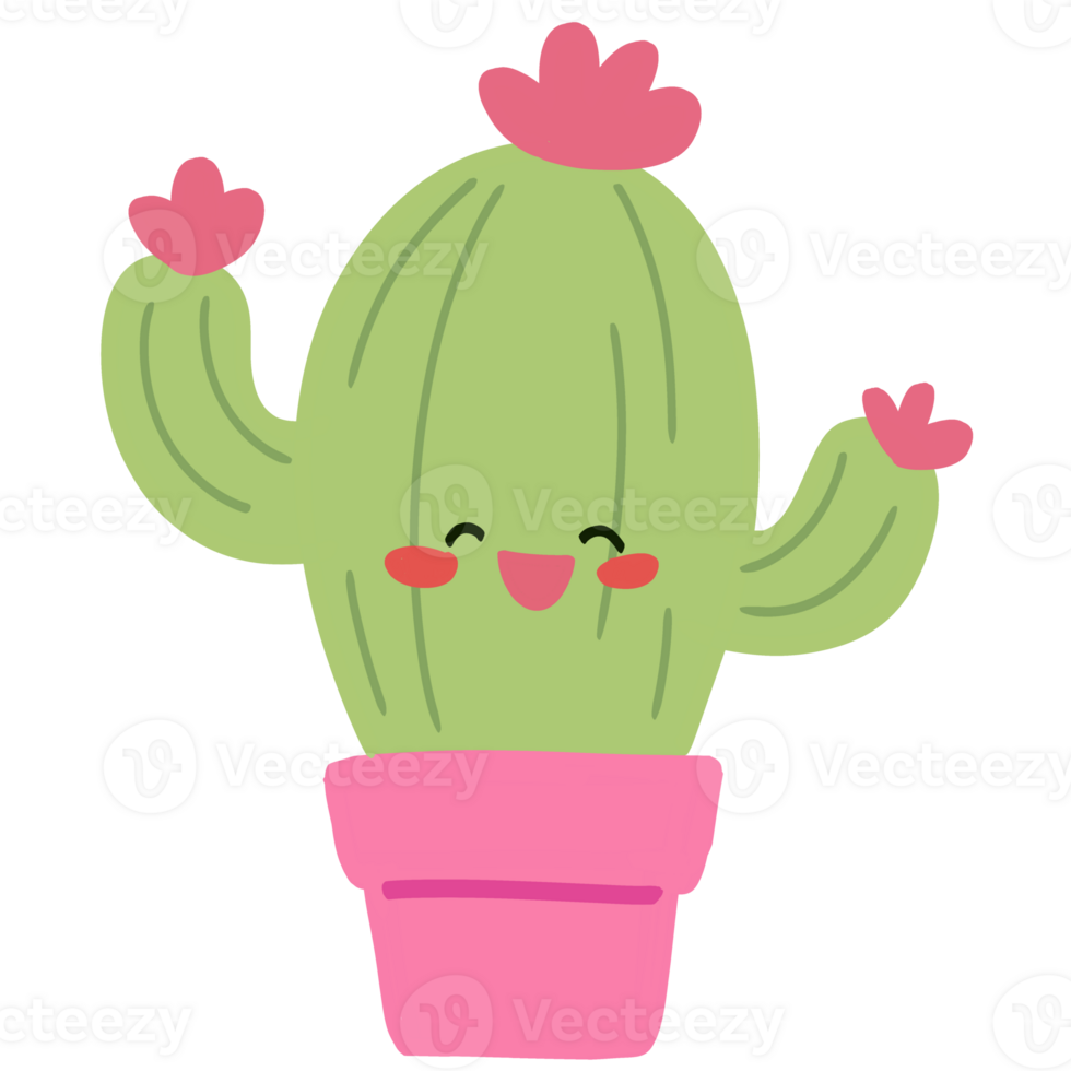 Isolated Cute cactus plant in pot with a happy smile in transparent background. png