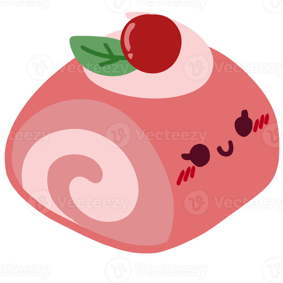 Isolated cute pink velvet Swiss Roll cake with a happy smile in transparent background. png
