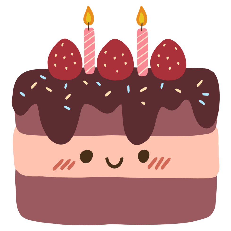 Isolated Cute Birthday chocolate cake with a happy smile in transparent background. png