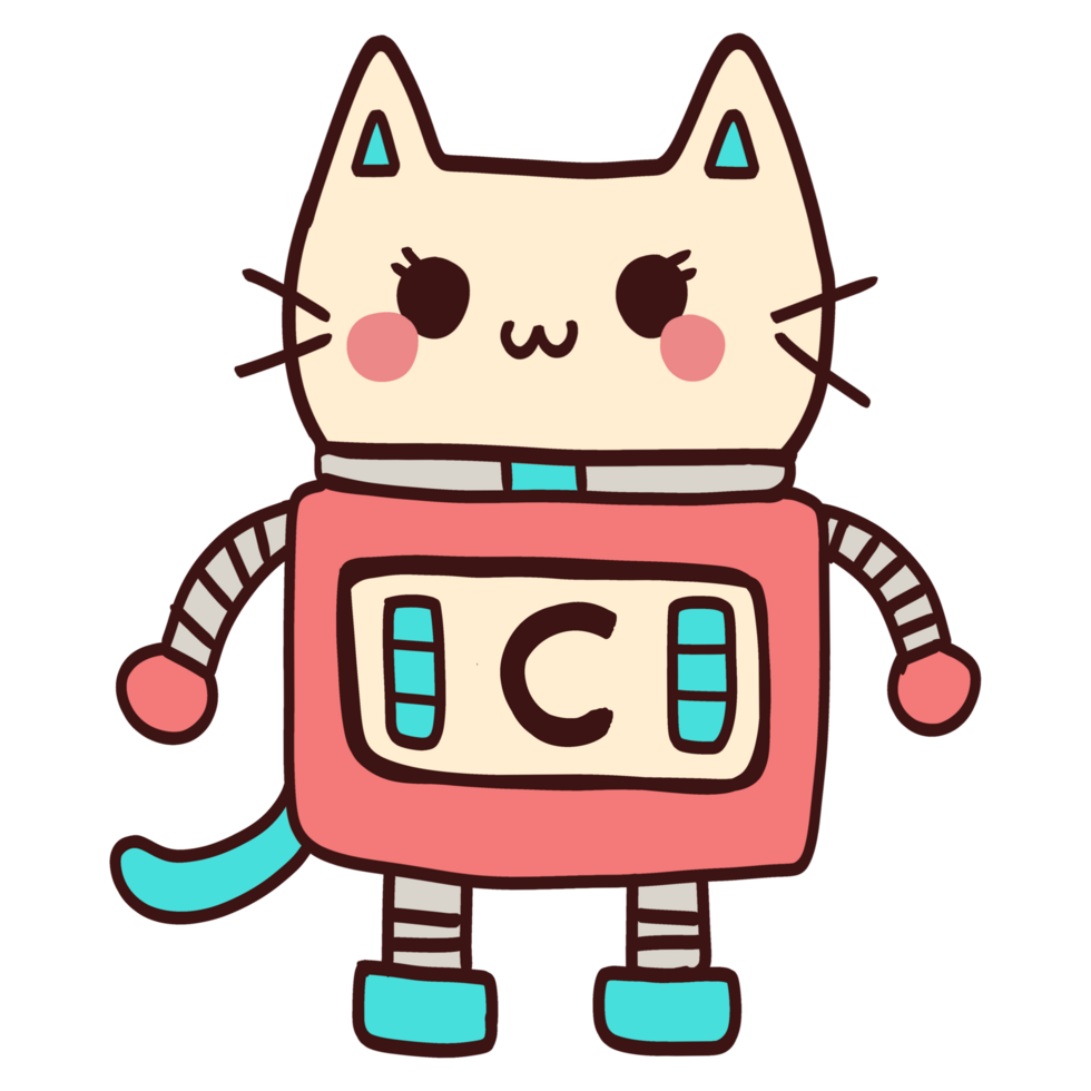 Isolated Cute Cat Robot with a happy smile in transparent background. png