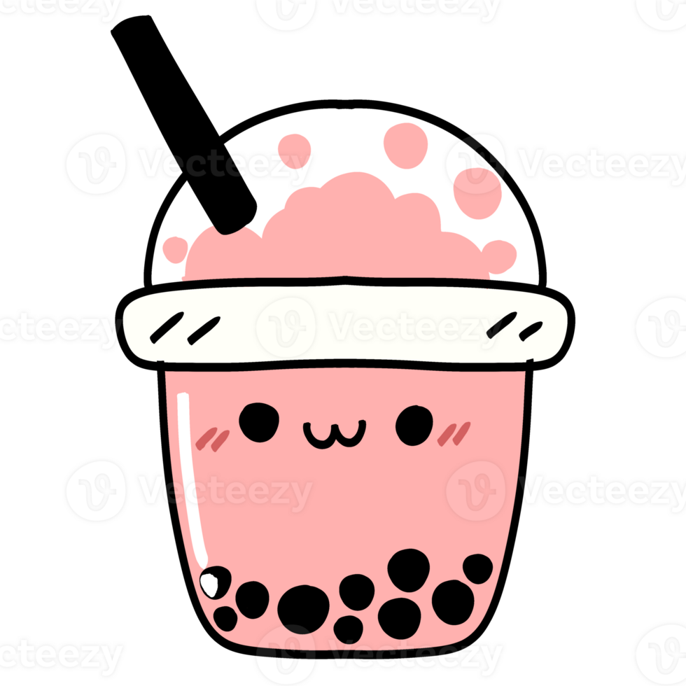 Cute kawaii bubble milk tea with a happy smile in transparent background. png