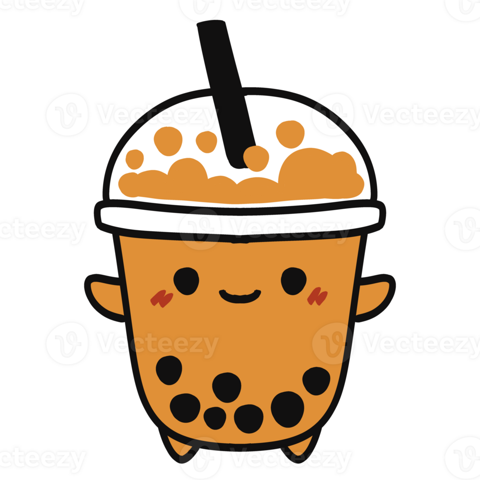 Cute kawaii bubble milk tea with a happy smile in transparent background. png