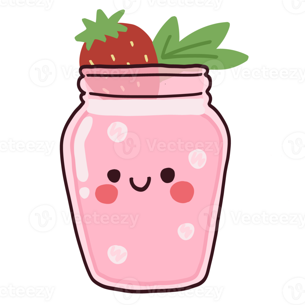 Isolated kawaii cute strawberry smoothie in plastic cup with a happy smile in transparent background. png