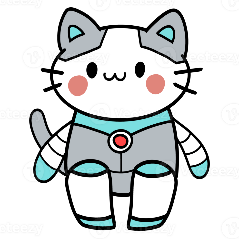 Isolated Cute Cat Robot with a happy smile in transparent background. png