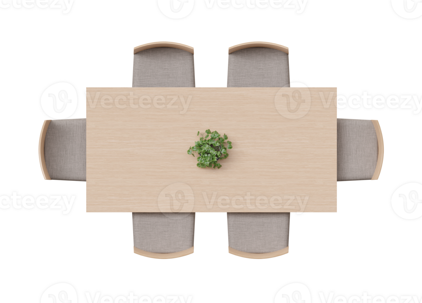 över huvudet se av dining uppsättning med en trä- tabell, stolar och dekorativ växt. rektangulär tabell på transparent bakgrund, png. skära ut möbel. topp se. platt lägga, golv planen element. 3d tolkning png