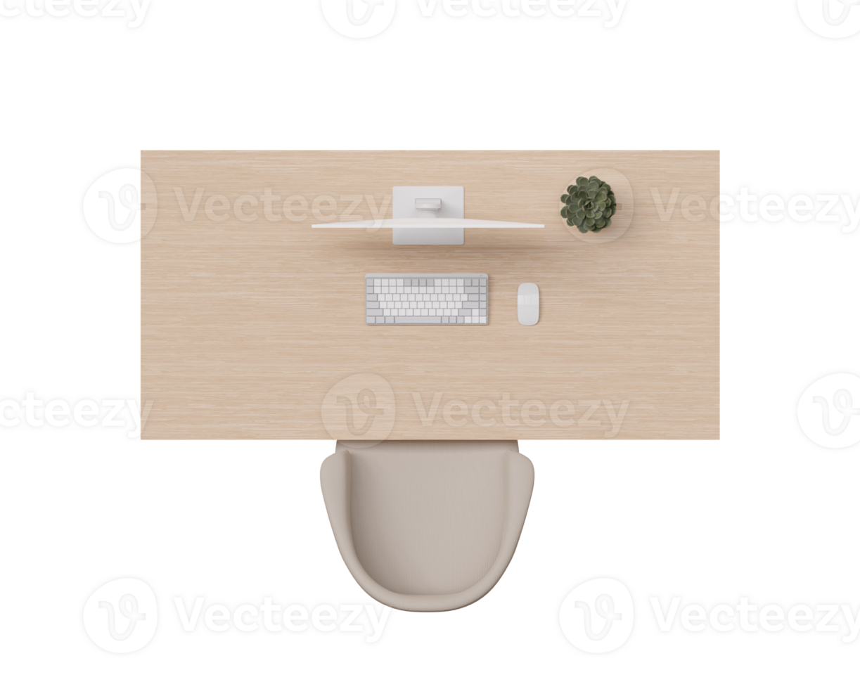 Overhead view of wooden desk and beige chair. Work table on transparent background, PNG. Cut out furniture. Top view. Flat lay, floor plan element. 3D rendering png